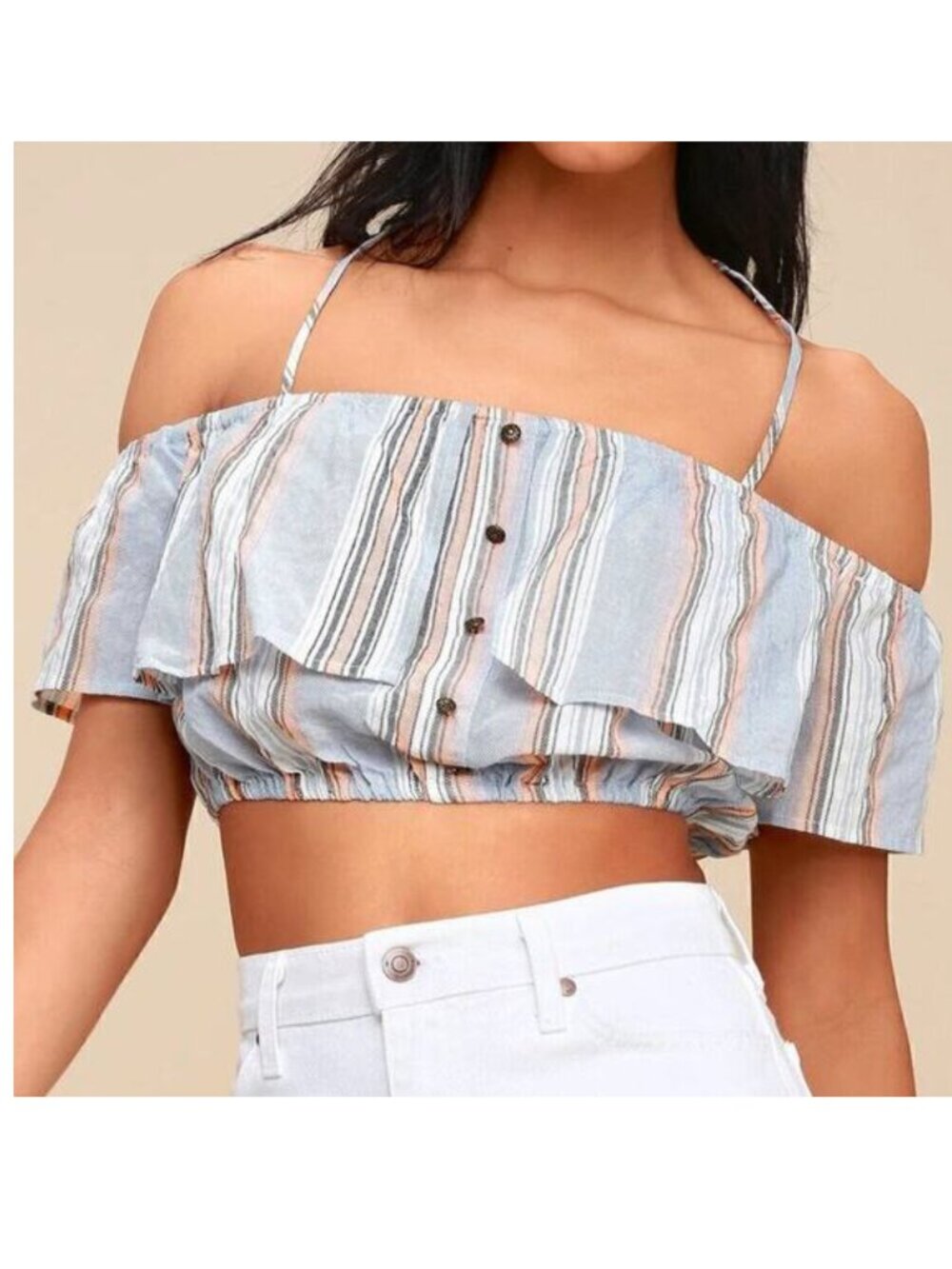 Lulus Off Shoulder Crop Top Small Blue Peach Striped Boho Summer